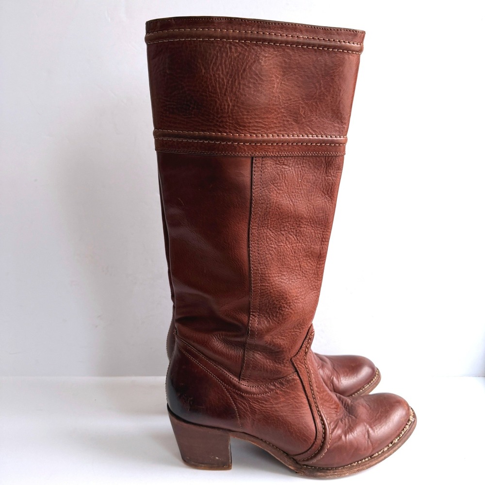 Frye Cognac Jane Leather Pull-On Riding Boot Heels 77230 Womens 11B Cowgirl